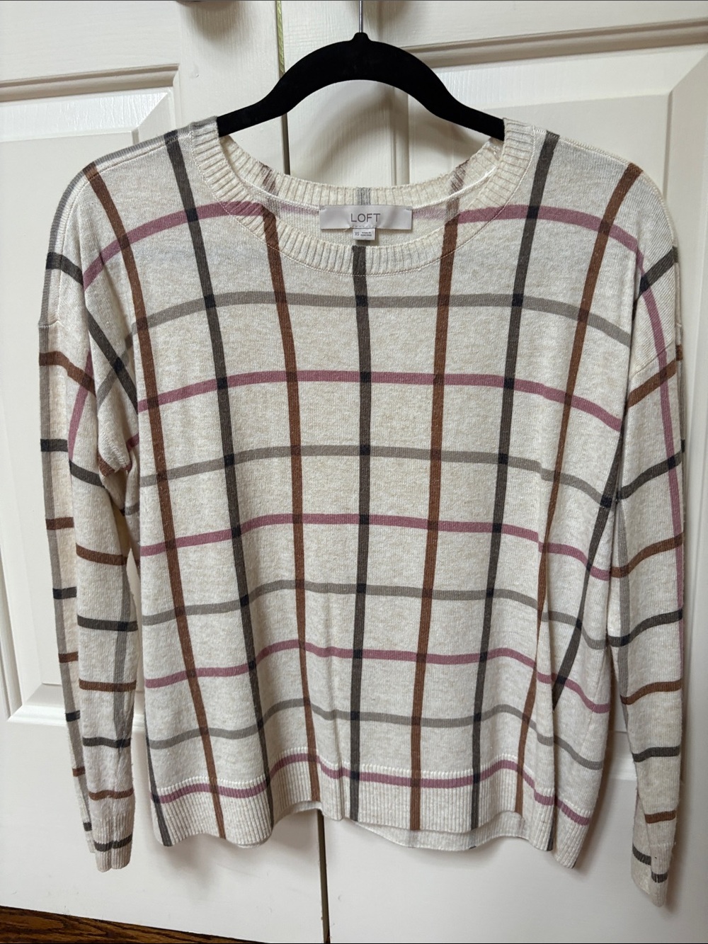LOFT Cream Plaid Sweater with Pink and Brown Stripes